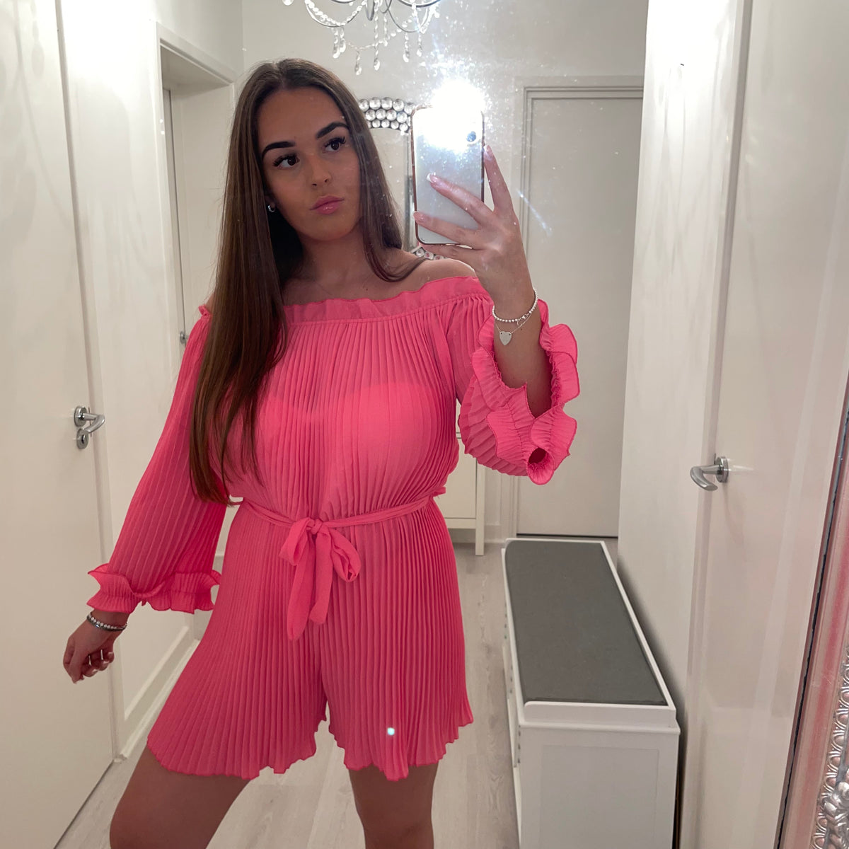 Pink ruffle pleated playsuit